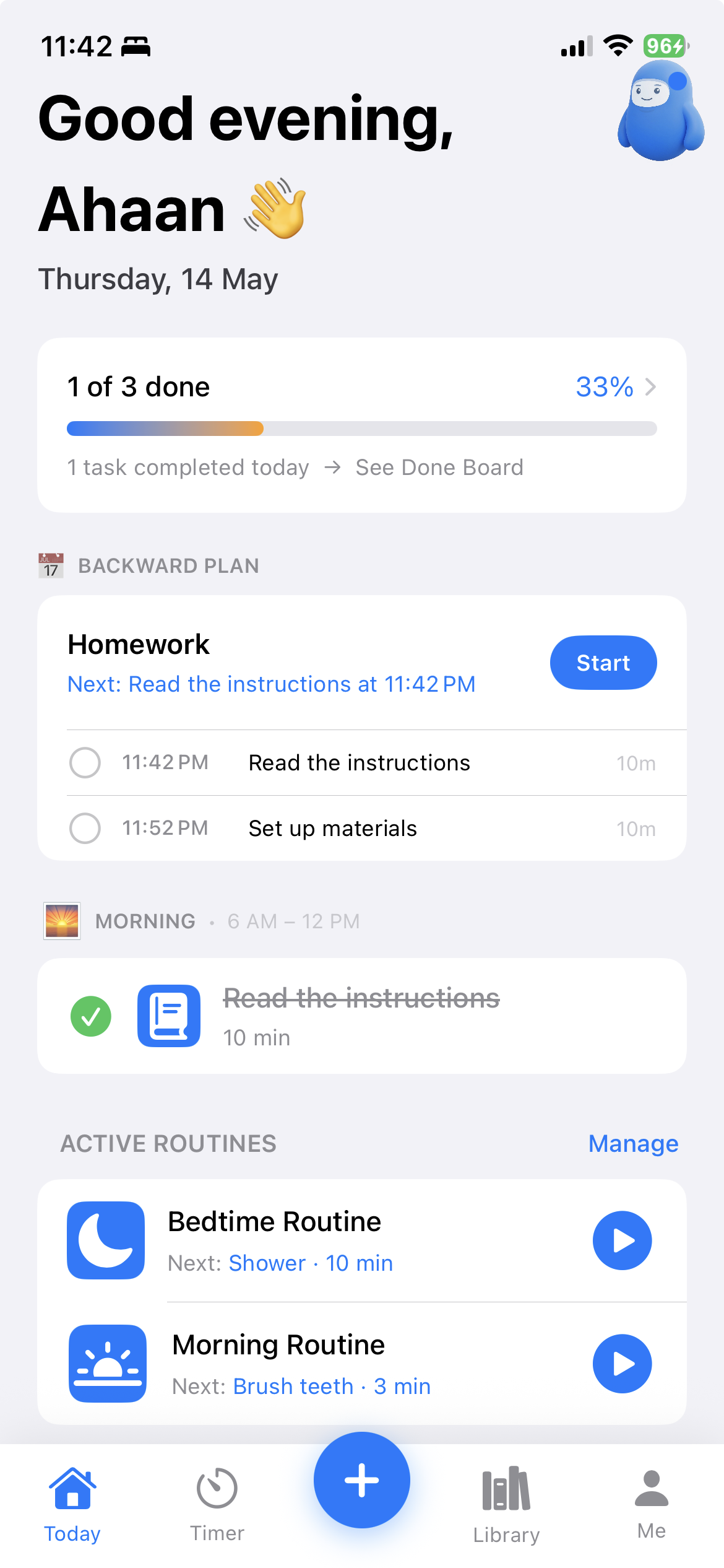 TimeNinja Today screen showing a daily plan with backward plans, time blocks, and a progress bar