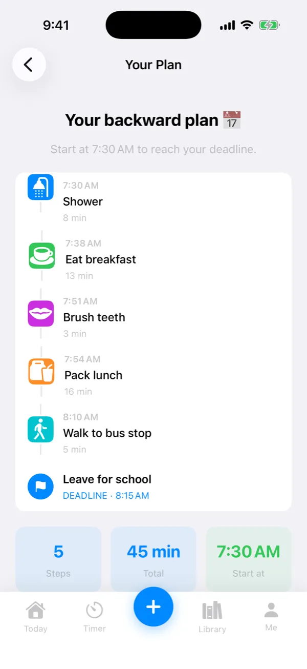 TimeNinja backward plan: five steps counted back from a Leave for school deadline at 8:15