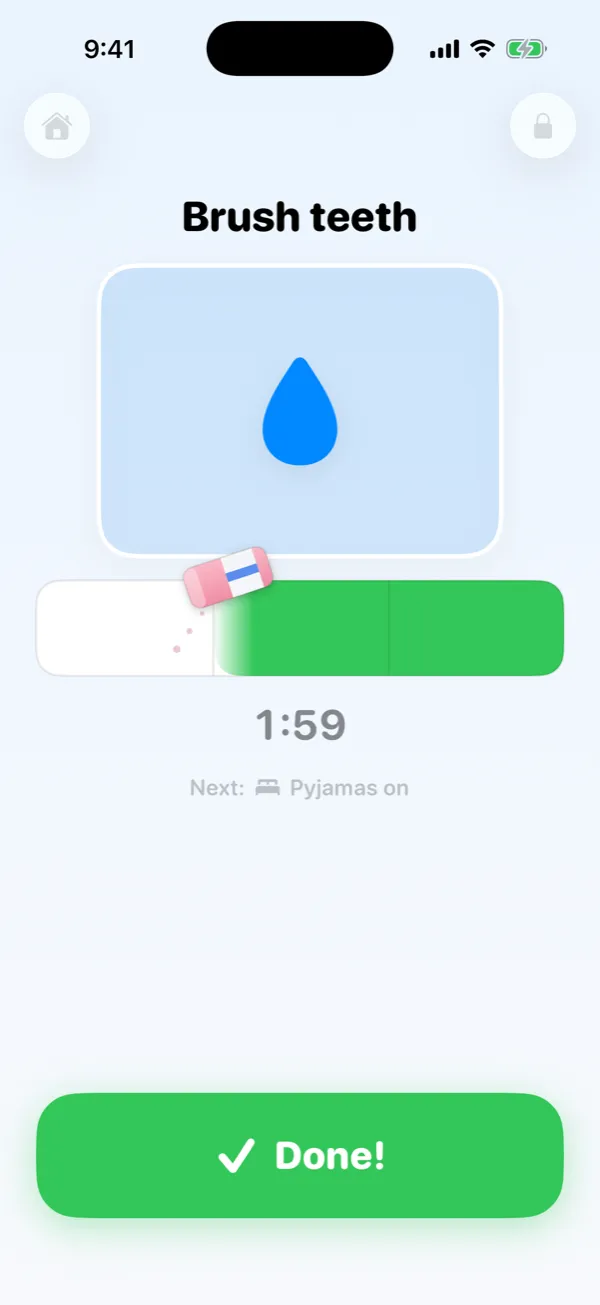 TimeNinja रूटीन: एक फ़ोटो क़दम, घटता हुआ समय और Done बटन