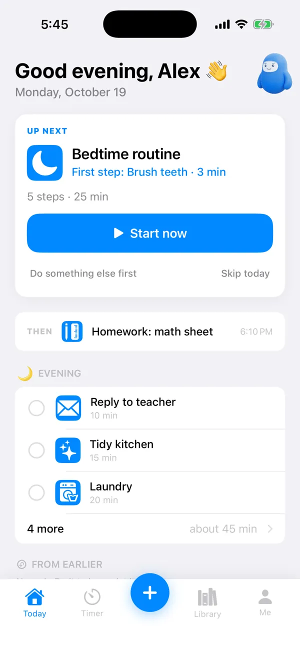 TimeNinja Today screen: the bedtime routine up next with one Start now button, then a math sheet at 6:10 PM, and the evening tasks