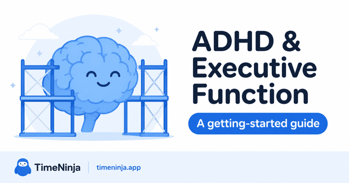 A friendly brain supported by scaffolding beams, introducing a getting-started guide to ADHD and executive function