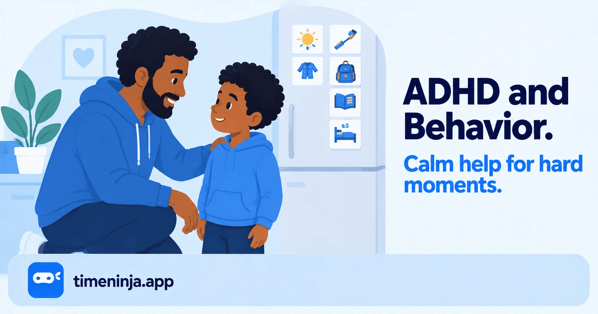 A father kneels at eye level with his son, a hand on his shoulder, beside a picture routine on the fridge