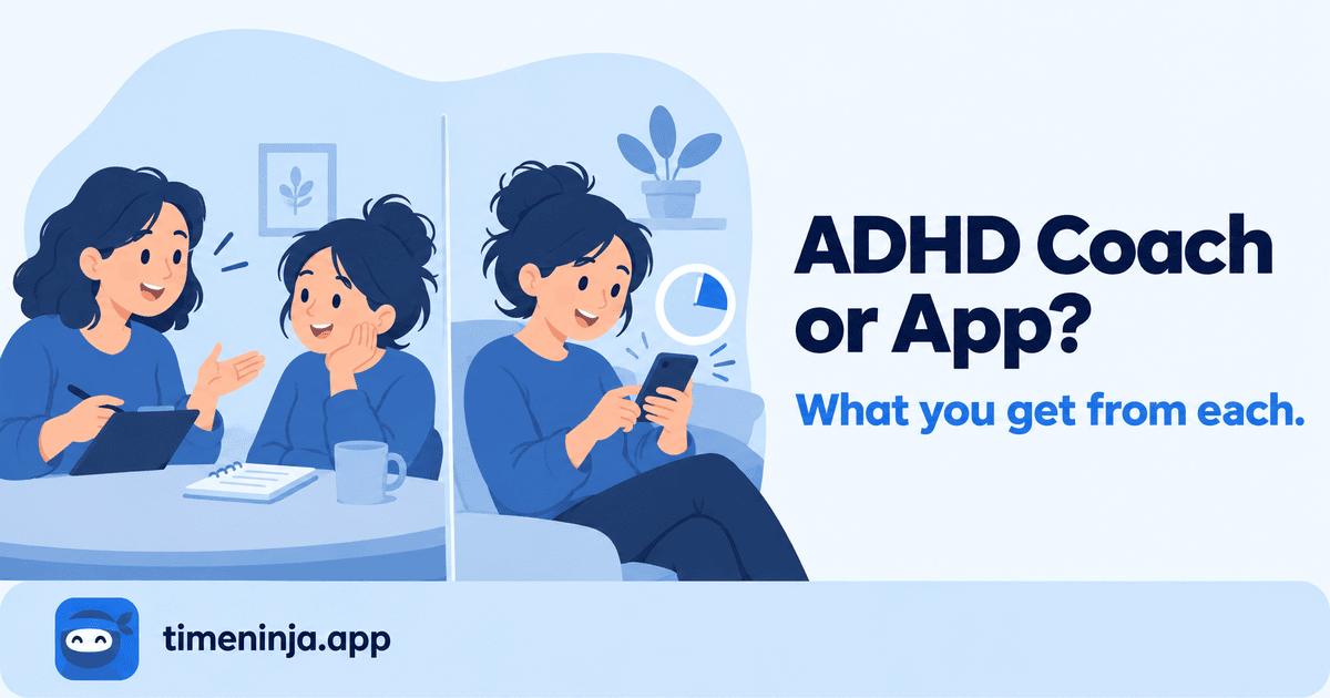 Illustration: on the left a coach talks with a woman at a table; on the right the same woman uses a timer app on her phone. ADHD coach or app?
