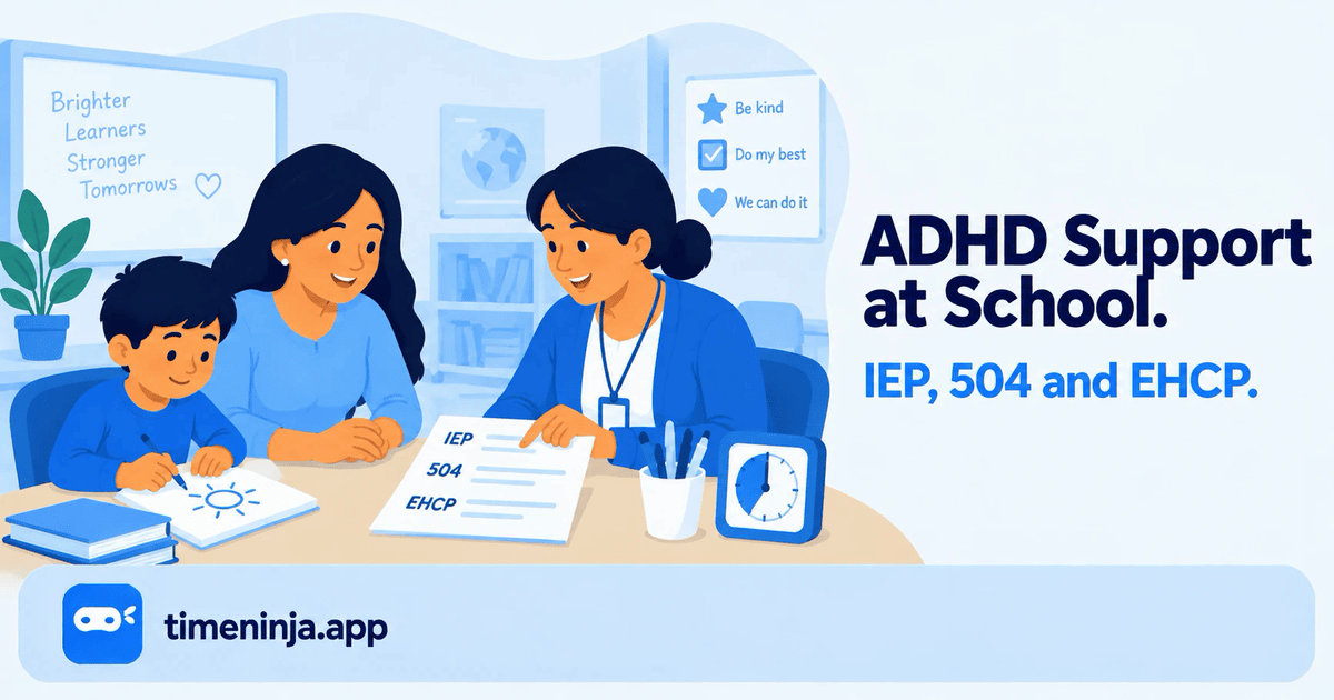 A mother and a teacher review an IEP, 504 and EHCP sheet while the child draws, with a visual timer on the table