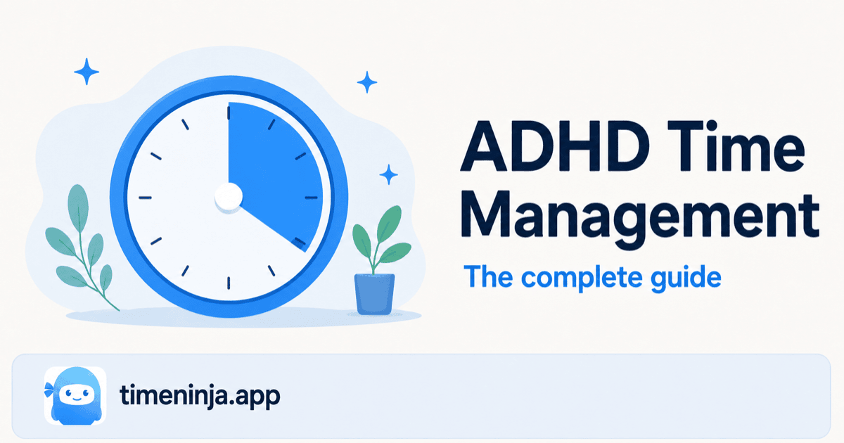 An illustrated clock with a shrinking time wedge, introducing the complete ADHD time-management guide
