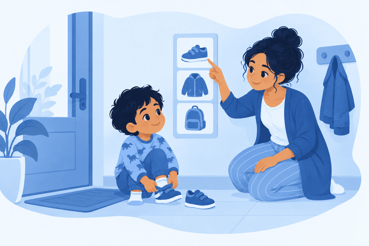 A preschooler putting on shoes by the front door, looking at a picture chart of shoe, jacket and bag while a parent points to it