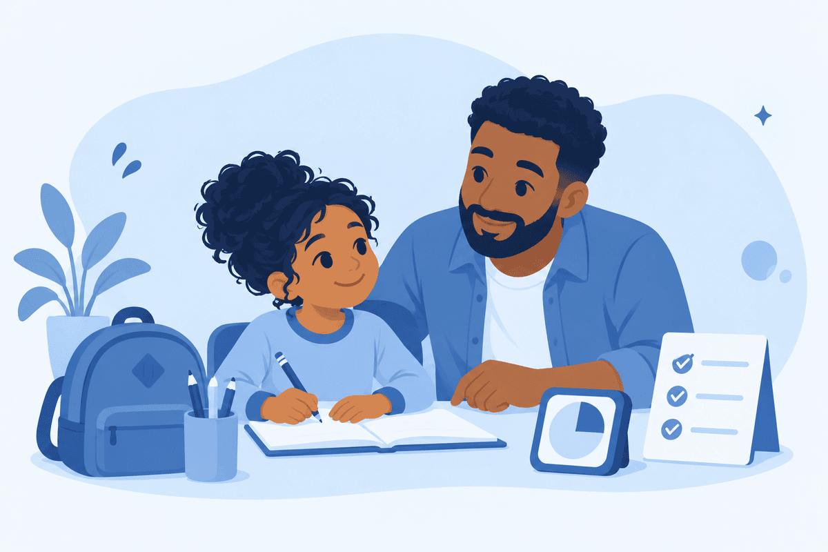 A school-age child doing homework with a small visual timer and a short checklist, a parent sitting beside them