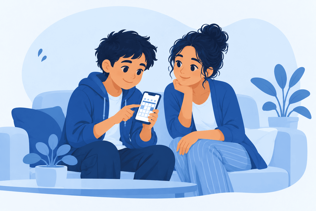 A teenager and a parent on a sofa looking at a calendar on the teen's phone together