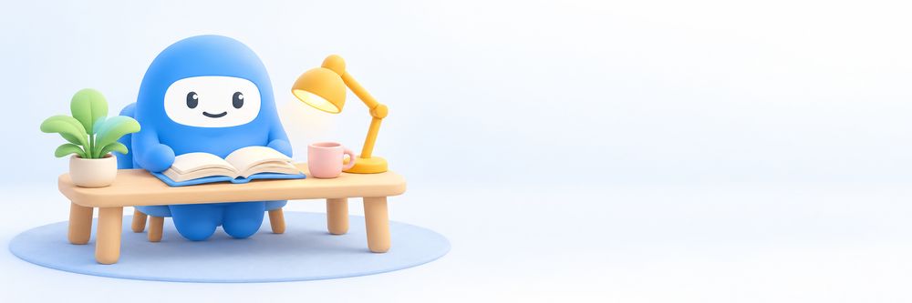 The TimeNinja mascot reading an open book at a small desk with a plant, a mug and a lamp