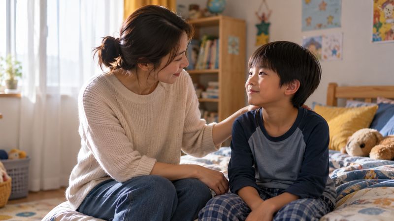 A mother sits on her son's bed and talks with him, her hand on his shoulder, and he listens with a half smile