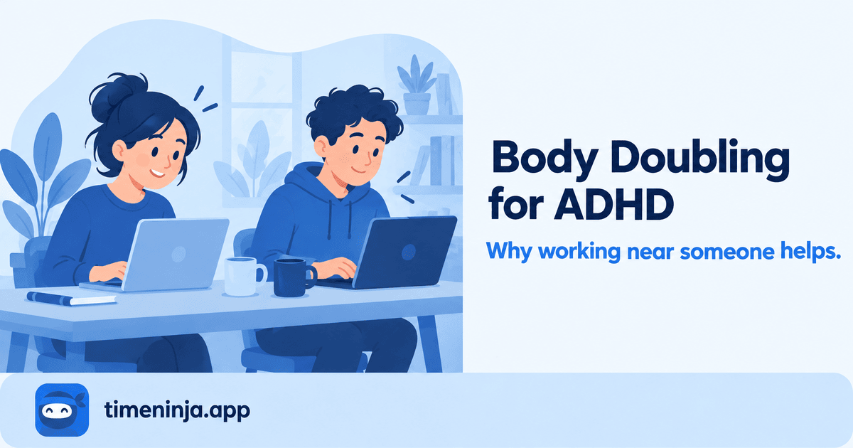 Illustration: two people work side by side on their own laptops at one table. Body doubling for ADHD.