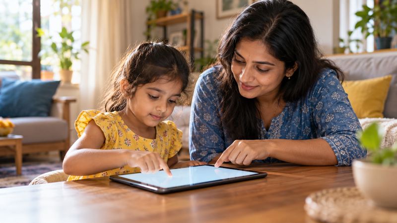 A girl taps a tablet on a low table while her mother points at the screen beside her