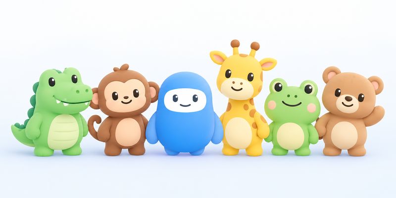 The TimeNinja mascot in a line with a crocodile, a monkey, a giraffe, a frog and a teddy bear, all smiling