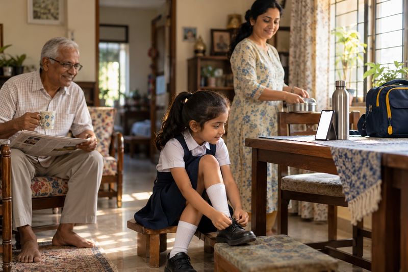 स्कूल की सुबह घर पर: स्कूल की वर्दी में एक बच्ची जूते का फीता बाँधते हुए मेज़ पर रखे फ़ोन को देख रही है, पास में माँ और दादाजी हैं