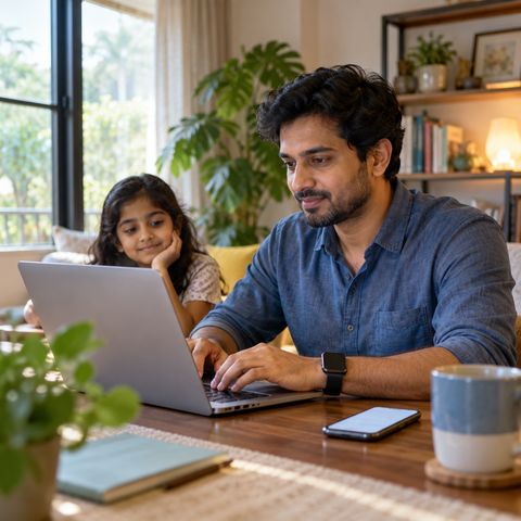 A man working at his laptop at home, a phone by the keyboard and a girl resting her chin on her hand beside him