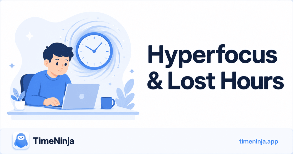 A person absorbed at a laptop while a clock swirls behind them, illustrating how hyperfocus makes hours disappear