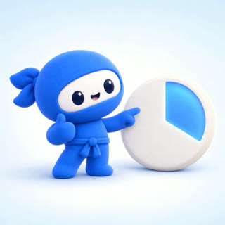 The TimeNinja mascot pointing at a round timer with a blue wedge left, giving a thumbs up