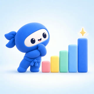 The TimeNinja mascot beside a row of bars that grow taller, with a sparkle above the last one