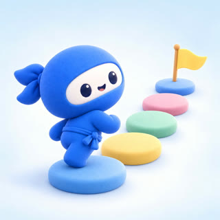 The TimeNinja mascot on a path of stepping stones that leads to a small flag
