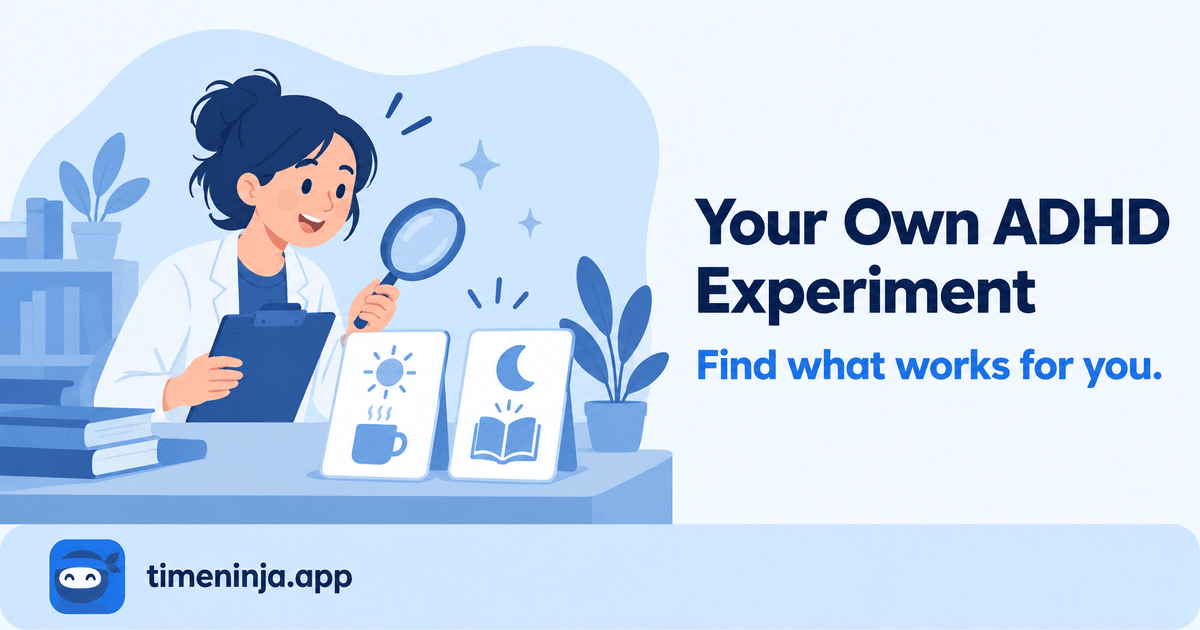 Illustration: a woman with a clipboard and magnifying glass compares a morning routine card and an evening routine card. Your own ADHD experiment.
