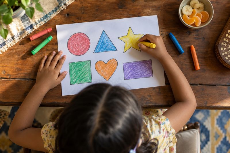Seen from above, a child colors big shapes on a printed sheet with chunky crayons, a bowl of fruit at the edge of the table