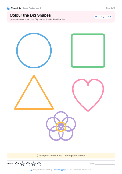 Color the Big Shapes: printable worksheet from the Doodle Practice