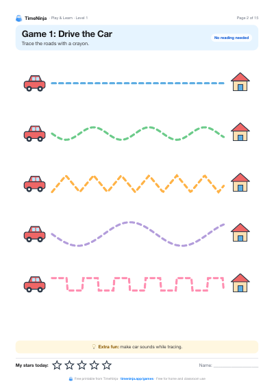 Drive the Car: printable worksheet from the Play & Learn Practice Pack · Level 1