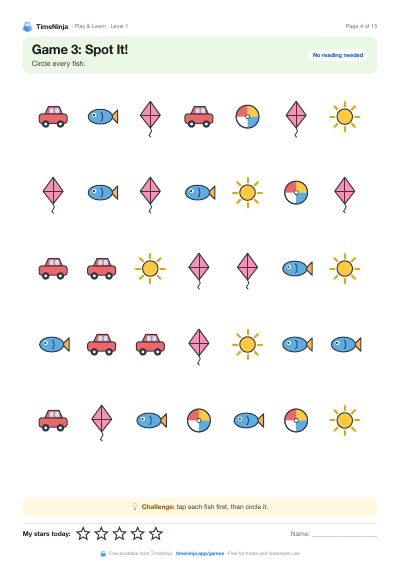Spot It!: printable worksheet from the Play & Learn Practice Pack · Level 1