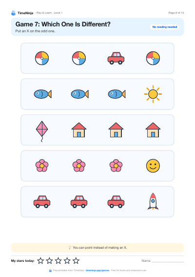 Which One Is Different?: printable worksheet from the Play & Learn Practice Pack · Level 1