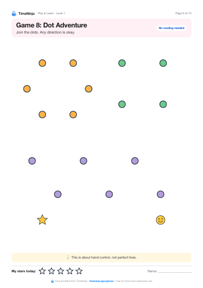 Dot Adventure: printable worksheet from the Play & Learn Practice Pack · Level 1