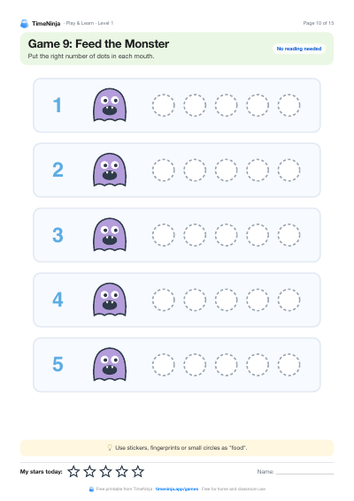 Feed the Monster: printable worksheet from the Play & Learn Practice Pack · Level 1