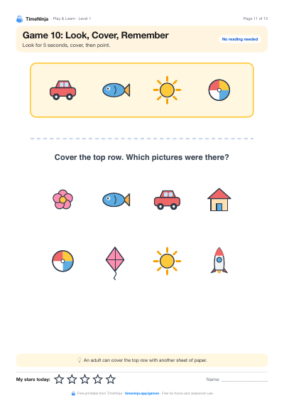 Look, Cover, Remember: printable worksheet from the Play & Learn Practice Pack · Level 1