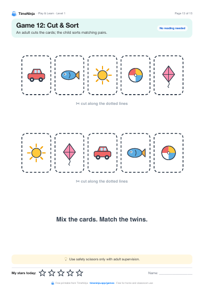 Cut & Sort: printable worksheet from the Play & Learn Practice Pack · Level 1