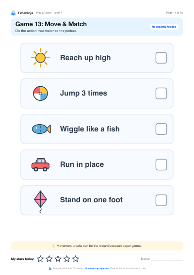 Move & Match: printable worksheet from the Play & Learn Practice Pack · Level 1