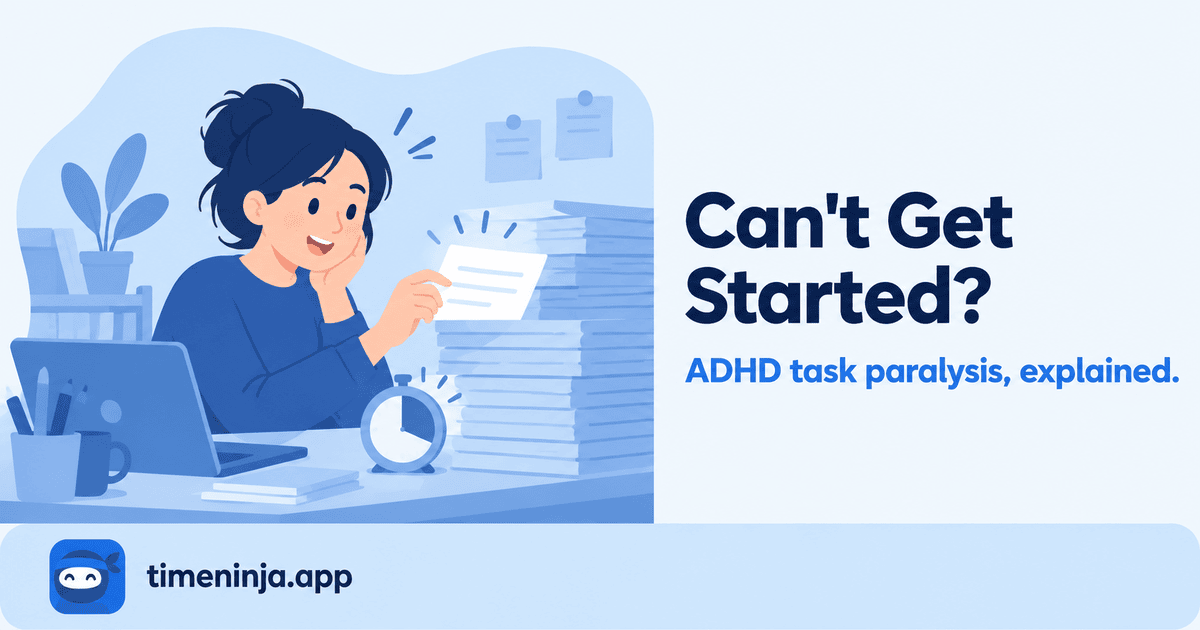 Illustration: a woman at a desk pulls one small sheet from a tall stack of papers, a blue timer beside her. Can't get started? ADHD task paralysis, explained.