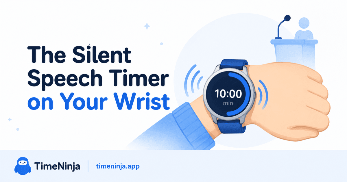 A smartwatch on a wrist showing a 10-minute timer with gentle tap-waves beside a speaker's podium — a silent countdown you feel instead of hear