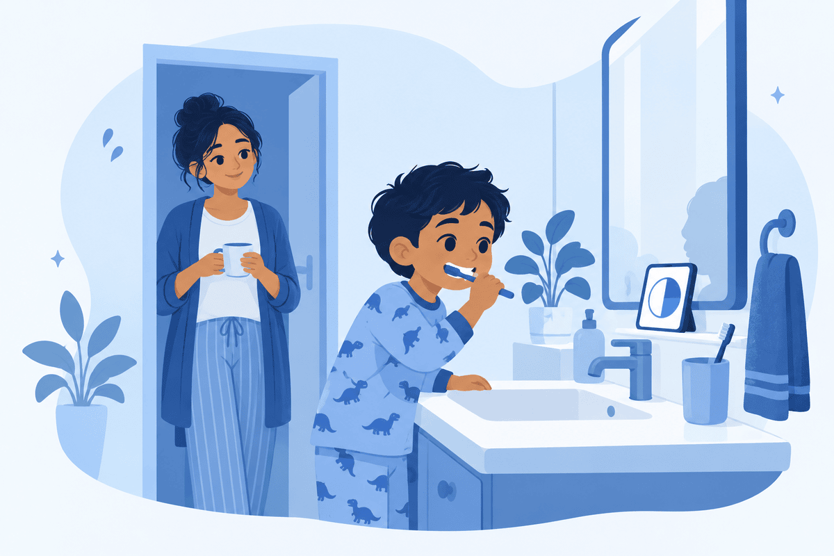 A child brushing teeth while watching a phone timer on the bathroom mirror, a parent relaxed in the doorway