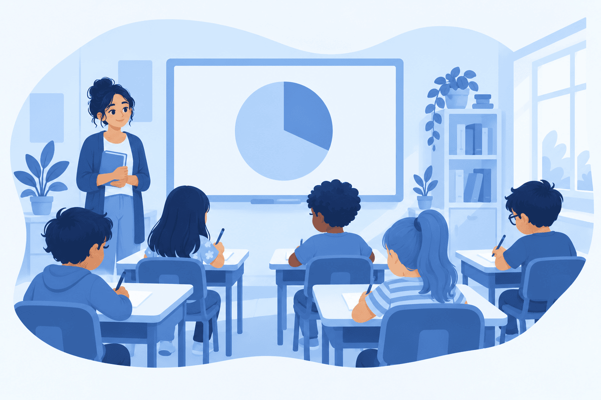 A classroom with a large shrinking blue timer on the front screen and children working at their desks