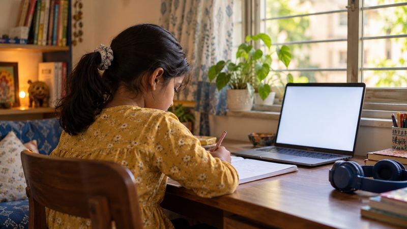 A girl writing in an exercise book at a desk by the window, with a laptop and headphones beside her
