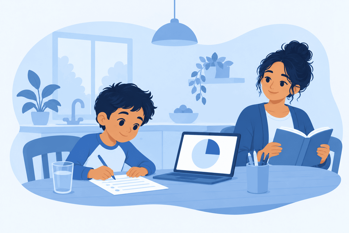 A child doing one worksheet next to a laptop showing a shrinking blue timer, a parent reading at the same table