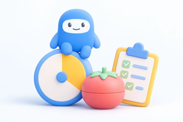 The TimeNinja mascot sitting on a round timer dial, next to a tomato timer and a clipboard with tick marks