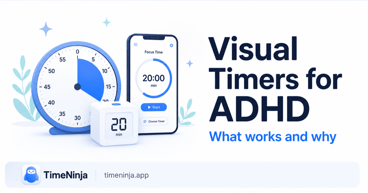 A disk timer, a cube timer and a phone-app timer side by side, showing different ways to make time visible for ADHD