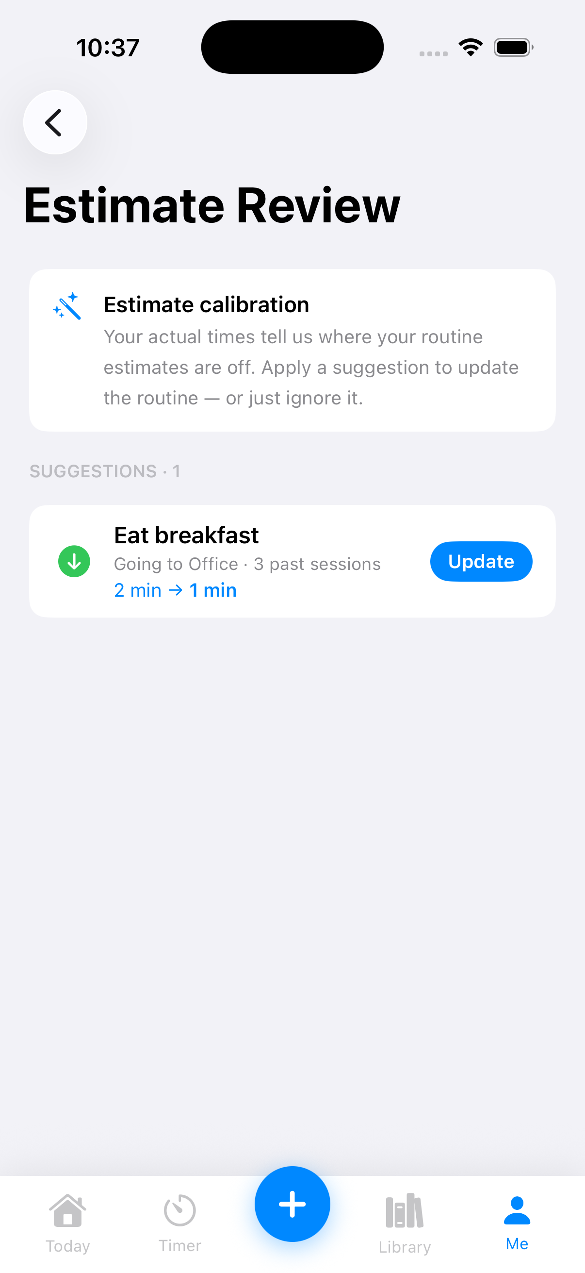 TimeNinja Estimate Review suggesting a one-tap update from 2 minutes to 1 minute based on real timing data