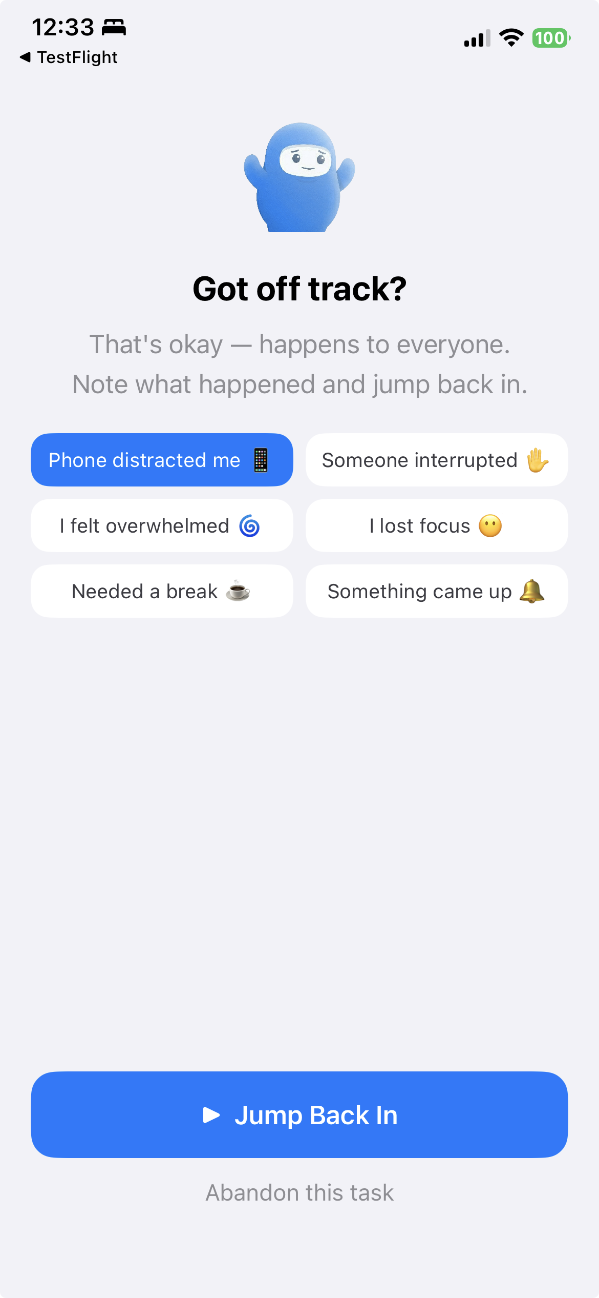TimeNinja distraction handler with gentle restart options