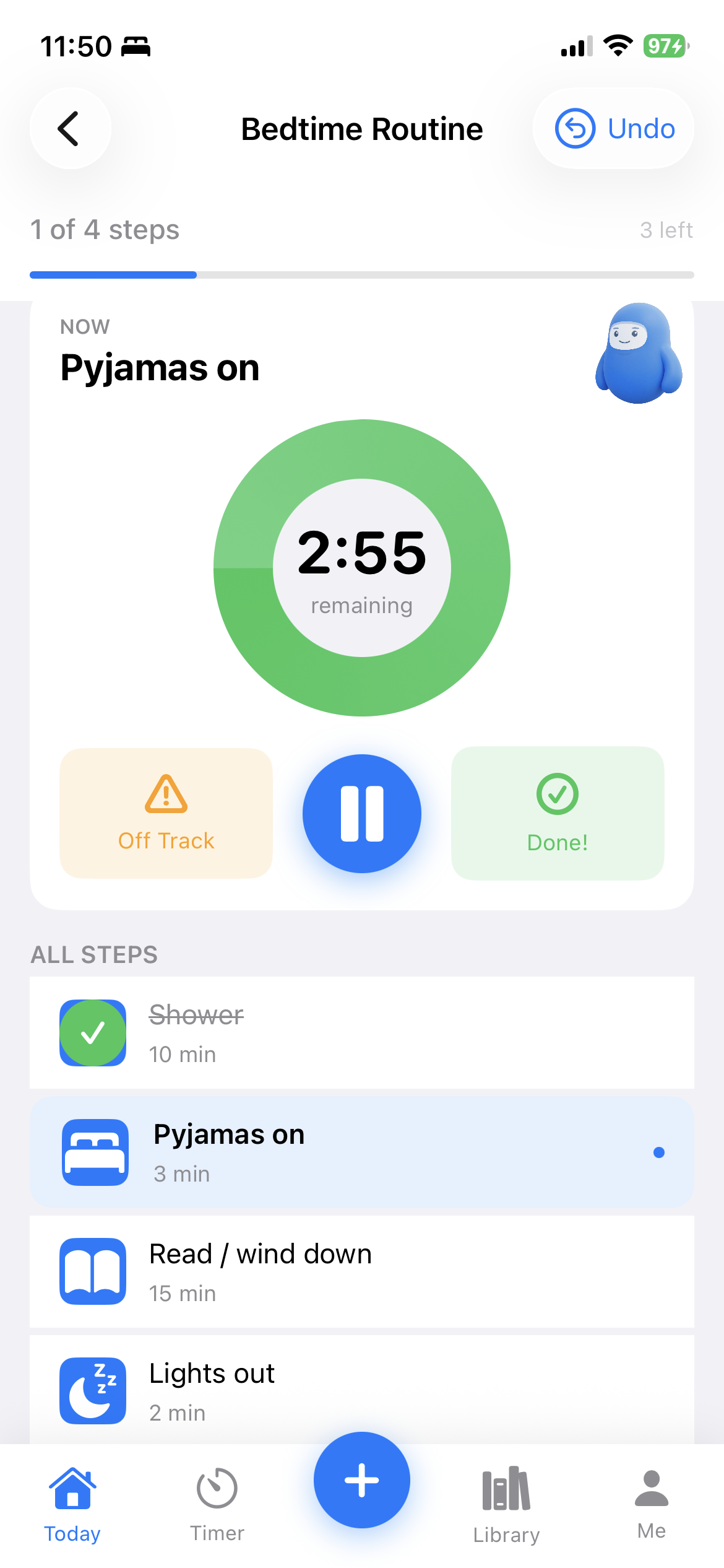 TimeNinja Bedtime Routine running with a 2:55 timer for Pyjamas on, showing all four routine steps